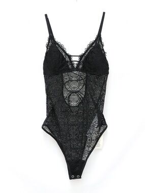 NWT Gilly Hicks black lace lingerie teddy gothic underwear lace up S bodysuit